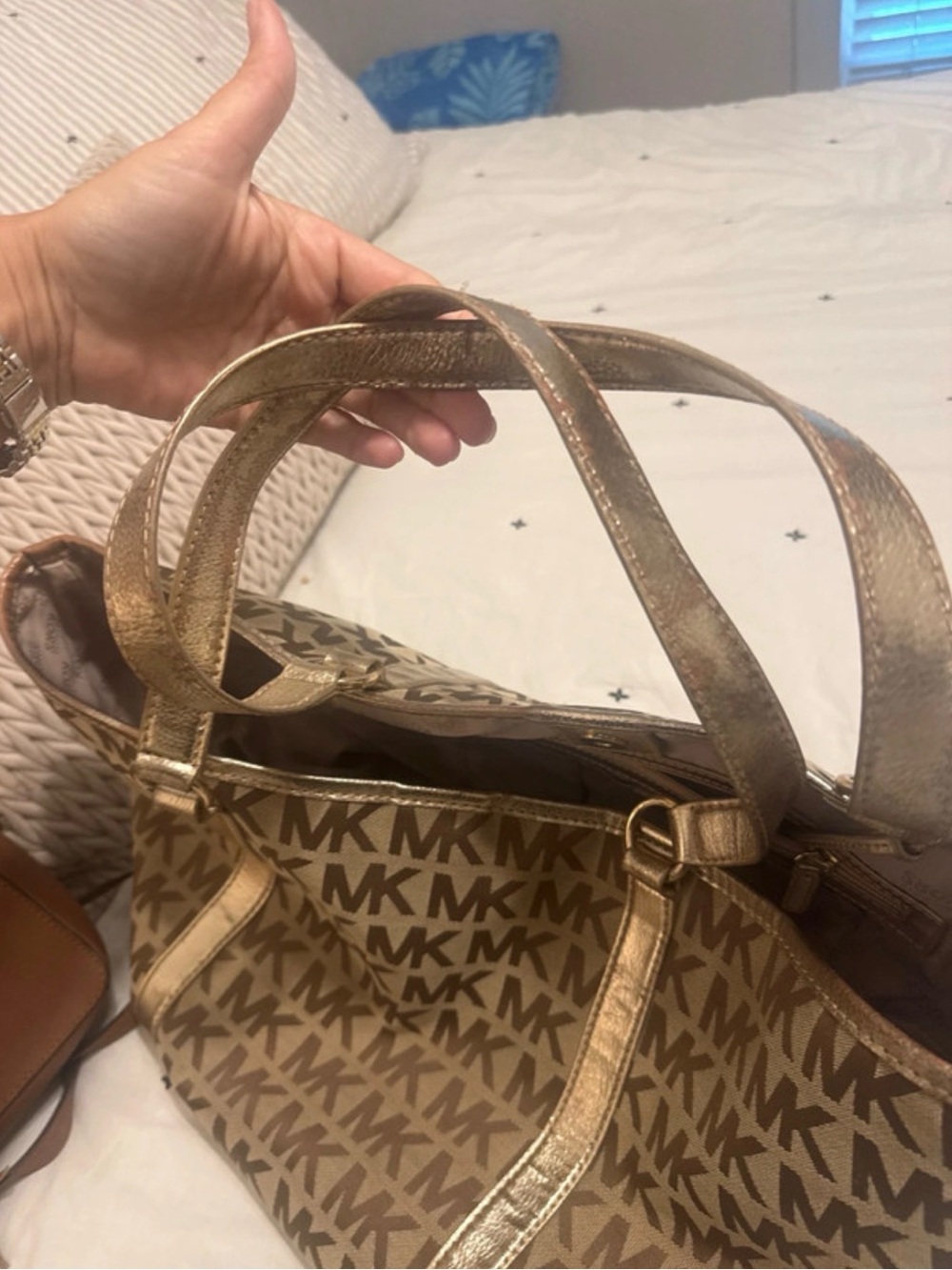 Michael Kors MK Logo Tote in Beige with Gold Trim - Picture 5 of 5